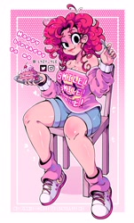 Size: 1930x3191 | Tagged: safe, artist:l4zy_4le, derpibooru import, pinkie pie, human, g4, birthday, breasts, cake, chair, cleavage, clothes, eating, female, food, happy birthday, high res, humanized, pinkie pies, sitting, solo