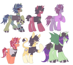 Size: 2680x2384 | Tagged: safe, artist:mxmx fw, derpibooru import, oc, oc:comet shine, oc:midnight ray, bat pony, donkey, earth pony, hybrid, pony, undead, unicorn, zombie, zombie pony, alternate hair color, alternate hairstyle, bat pony unicorn, bat wings, blood, clothes, cousins, emo, glasses, goth, hoof polish, horn, ms paint, shirt, simple background, sweater, unnamed oc, unshorn fetlocks, white background, wings