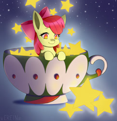 Size: 1920x1980 | Tagged: safe, artist:erein, derpibooru import, apple bloom, earth pony, pony, g4, bow, christmas, clothes, commission, cup, cute, ears up, female, filly, foal, hair bow, holiday, night, shining, shiny, smiling, snow, snowfall, solo, stars, teacup