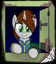 Size: 828x951 | Tagged: safe, artist:疯迟电撤, derpibooru import, oc, oc only, oc:littlepip, pony, unicorn, fallout equestria, bottlecap, fallout, fanfic art, female, horn, mare, pony oc, solo, spider web, unicorn oc