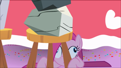 Size: 1920x1080 | Tagged: safe, derpibooru import, screencap, pinkie pie, rocky, earth pony, pony, g4, party of one, chair, confetti, crazy eyes, cross-eyed, faic, g3 faic, insanity, pinkamena diane pie, pinkie derp, pinkie pie is best facemaker, pinkie pie is not amused, pinkie's silly face, ponk, rock, shrunken pupils, stool, tablecloth, unamused, under the table, wide eyes