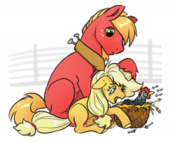 Size: 1800x1447 | Tagged: safe, artist:opalacorn, derpibooru import, applejack, big macintosh, bird, chicken, earth pony, pony, g4, blank flank, brother and sister, colt, colt big macintosh, duo, duo male and female, ears, female, filly, filly applejack, floppy ears, foal, hoof on head, male, nest, siblings, simple background, teary eyes, white background, younger