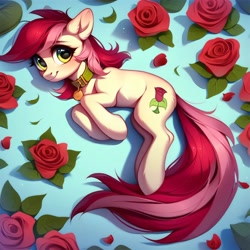Size: 4096x4096 | Tagged: safe, ai content, derpibooru import, generator:purplesmart.ai, generator:stable diffusion, machine learning generated, roseluck, earth pony, pony, g4, collar, cute, flower, long tail, lying down, pet tag, pony pet, prompter:doom9454, rose, rosepet, solo, tail