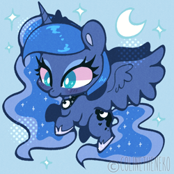 Size: 600x600 | Tagged: safe, artist:colinetheneko, derpibooru import, princess luna, alicorn, pony, g4, chibi, crescent moon, cute, female, flying, lunabetes, mare, moon, solo, spread wings, wings