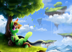 Size: 3500x2500 | Tagged: safe, artist:rainbowfire, derpibooru import, oc, oc only, pony, unicorn, bag, cloud, cute, floating island, food, horn, island, jewelry, journey, leaves, looking at you, male, mountain, orange, purple eyes, raincoat, raised hoof, raised leg, sky, sky background, smiling, solo, stallion, stylus, tree