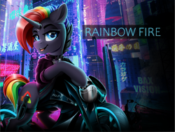 Size: 4000x3000 | Tagged: safe, artist:rainbowfire, derpibooru import, oc, oc only, oc:rainbowfire, pony, unicorn, amputee, biker, blue eyes, city, cityscape, clothes, cute, cyberpunk, female, horn, jacket, jewelry, knife, lantern, leather, leather jacket, looking at you, motorbike, motorcycle, multicolored hair, night, prosthetic leg, prosthetic limb, prosthetics, rainbow, rainbow hair, raised hoof, raised leg, smiling, solo