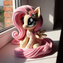 Size: 1024x1024 | Tagged: safe, ai content, derpibooru import, generator:bing image creator, machine learning generated, fluttershy, pegasus, pony, g4, body markings, female, flower, flower in hair, full body, mare, plushie, prompter:pawels, sitting, solo, spread wings, window, wings