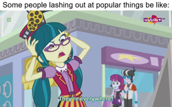 Size: 852x531 | Tagged: safe, derpibooru import, edit, edited screencap, screencap, juniper montage, human, equestria girls, g4, mirror magic, spoiler:eqg specials, canterlot mall, caption, female, male, satire, teletoon, text