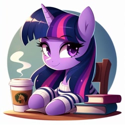 Size: 1024x1024 | Tagged: safe, ai content, derpibooru import, generator:dall-e 3, machine learning generated, twilight sparkle, pony, g4, chair, clothes, coffee, coffee cup, cup, cute, desk, eyebrows, eyebrows visible through hair, female, hooves on the table, looking sideways, mare, prompter needed, smiling, solo, twiabetes