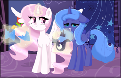 Size: 4000x2586 | Tagged: safe, artist:cattstaycool, derpibooru import, princess celestia, princess luna, alicorn, pony, g4, duo, duo female, female, pink-mane celestia, royal sisters, s1 luna, siblings, sisters