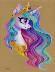 Size: 984x1300 | Tagged: safe, artist:maytee, derpibooru import, princess celestia, alicorn, pony, g4, bust, colored pencil drawing, portrait, profile, smiling, solo, toned paper, traditional art