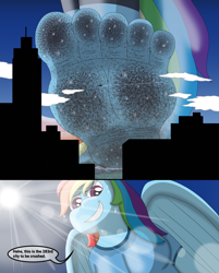 Size: 2004x2495 | Tagged: safe, artist:az12lol, derpibooru import, rainbow dash, anthro, pegasus, plantigrade anthro, pony, g4, barefoot, barefooting, city, crush fetish, crushed, crushing, dirt, dirty, dirty feet, feet, female, fetish, foot fetish, foot focus, giant rainbow dash, giantess, giga, gigan, goddess, high res, macro, mega giant, size comparison, size difference, soles, solo, stomp, stomping, sweat, sweaty feet, toes, underfoot