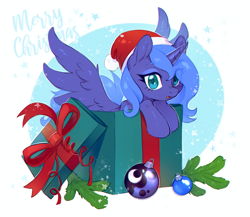 Size: 2001x1734 | Tagged: safe, artist:ls_skylight, derpibooru import, princess luna, alicorn, pony, g4, box, christmas, christmas ornament, commission, decoration, female, hat, holiday, horn, mare, pony in a box, present, s1 luna, santa hat, solo, spread wings, wings, ych result