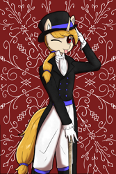 Size: 1240x1854 | Tagged: safe, artist:cookieart2k22, artist:lynthecookie, derpibooru import, oc, oc only, oc:regal inkwell, anthro, unicorn, :p, cane, clothes, gloves, hat, nobility, one eye closed, solo, suit, tongue, tongue out, top hat, wink