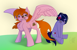 Size: 2283x1490 | Tagged: safe, artist:ermecg, derpibooru import, oc, oc only, oc:bellatrix, oc:bon voyage, pegasus, pony, unicorn, angry, angry face, chest fluff, crying, eyes open, looking down, simple background, simple shading, spread wings, wings