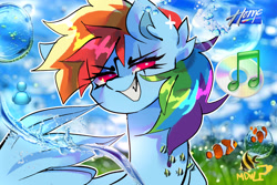 Size: 3000x2000 | Tagged: safe, artist:madiwann, derpibooru import, rainbow dash, fish, pegasus, g4, aesthetics, female, frutiger aero, mare, smiling, solo