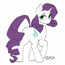 Size: 2300x2300 | Tagged: safe, artist:egil, derpibooru import, rarity, pony, unicorn, g4, butt, female, looking at you, looking back, looking back at you, mare, plot, rear view, rearity, simple background, sketch, solo, white background
