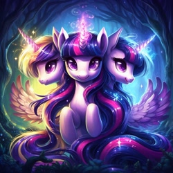 Size: 1024x1024 | Tagged: safe, ai content, derpibooru import, generator:bing image creator, machine learning generated, twilight sparkle, twilight sparkle (alicorn), alicorn, pony, g4, multiple heads, prompter:mysticsunrise87, solo, three heads