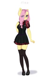 Size: 905x1280 | Tagged: safe, artist:flea, derpibooru import, fluttershy, anthro, g4, clothes, dress, female, high res, mare, signature, socks, solo, stockings, thigh highs