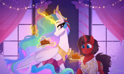 Size: 2500x1500 | Tagged: safe, artist:thewandie, derpibooru import, princess celestia, oc, oc:ironyoshi, alicorn, unicorn, cake, clothes, commission, curtains, food, levitation, lights, magic, shirt, telekinesis, window, ych result