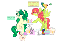 Size: 3000x2100 | Tagged: safe, artist:rem-ains, derpibooru import, oc, oc only, oc:dandy, oc:felicity mossrock, oc:tulipa, bird, dog, hummingbird, insect, ladybug, pegasus, pomeranian, pony, unicorn, alternate hairstyle, anatomically incorrect, art trade, bag, bipedal, bipedal leaning, collar, dialogue, drink, drinking straw, female, freckles, heart, heart eyes, incorrect leg anatomy, leaning, leash, mare, motion lines, open mouth, open smile, present, shopping bag, simple background, sitting, smiling, stool, sun conure, table, transparent background, wingding eyes