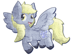 Size: 1600x1200 | Tagged: safe, artist:mimiqq, derpibooru import, derpy hooves, pegasus, pony, g4, background pony, digital art, female, flying, happy, simple background, solo, white background