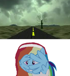 Size: 427x464 | Tagged: safe, derpibooru import, edit, edited screencap, screencap, rainbow dash, pegasus, pony, g4, 1000 hours in ms paint, clothes, female, headband, jerry bruckheimer, lightning, long hair, mare, scared, shirt, solo, thunderstorm, tree