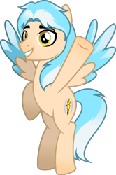 Size: 1118x1686 | Tagged: safe, artist:stellardusk, derpibooru import, oc, oc only, oc:lumin light, pegasus, pony, g4, beige body, colored, colored wings, flying, golden eyes, light blue mane, looking at you, male, multicolored hair, multicolored mane, multicolored wings, simple background, smiling, smiling at you, stallion, transparent background, wave, white mane, wings