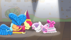Size: 1280x720 | Tagged: safe, derpibooru import, edit, edited screencap, screencap, apple bloom, scootaloo, sweetie belle, earth pony, pegasus, pony, unicorn, for whom the sweetie belle toils, g4, apple bloom's bow, bow, bowing, clothes, cutie mark crusaders, dress, eyes closed, female, filly, foal, grin, hair bow, hat, hennin, play, princess apple bloom, smiling, spotlight, stage, trio