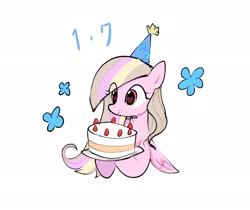 Size: 2048x1723 | Tagged: safe, artist:petaltwinkle, derpibooru import, oc, oc only, oc:petal twinkle, pegasus, pony, birthday cake, cake, eye clipping through hair, female, flower, food, hat, heart, heart eyes, hoof hold, mare, party hat, simple background, smiling, solo, white background, wingding eyes