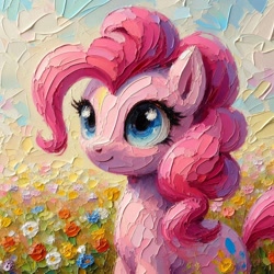 Size: 1024x1024 | Tagged: safe, ai content, derpibooru import, machine learning generated, pinkie pie, earth pony, pony, g4, female, flower, painting, prompter:stevebriney, smiling, solo