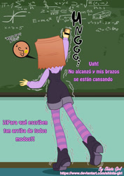 Size: 1280x1810 | Tagged: safe, artist:shinta-girl, derpibooru import, oc, oc only, oc:paper bag, human, equestria girls, bag, chalkboard, classroom, dialogue, equestria girls-ified, oh dear, paper bag, solo, spanish