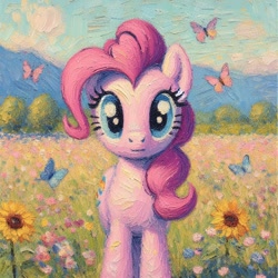Size: 1024x1024 | Tagged: safe, ai content, derpibooru import, machine learning generated, pinkie pie, butterfly, earth pony, pony, g4, female, flower, looking at you, painting, prompter:stevebriney, solo, sunflower, tree