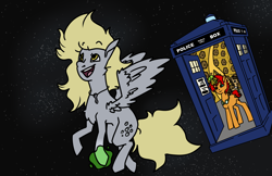 Size: 5100x3300 | Tagged: safe, derpibooru import, derpy hooves, doctor whooves, oc, oc:tick tock, earth pony, pegasus, pony, unicorn, g4, doctor who, floating, goggles, holding a pony, key, magic, open mouth, open smile, redraw, smiling, space, spread wings, tardis, wings