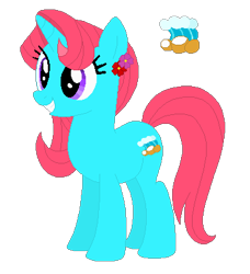 Size: 370x405 | Tagged: safe, artist:selenaede, artist:user15432, derpibooru import, oc, oc:coconut ocean, pony, unicorn, base used, coconut, cutie mark, flower, flower in hair, food, horn, simple background, smiling, transparent background, wave