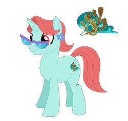 Size: 538x509 | Tagged: safe, artist:box-of-ideas, artist:kinnichi, artist:user15432, derpibooru import, oc, oc:coral waves, pony, unicorn, base used, coral, cutie mark, flower, flower in hair, glasses, horn, reef, simple background, smiling, transparent background, wave