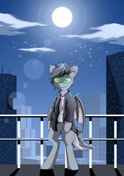 Size: 1200x1700 | Tagged: safe, artist:hovawant, derpibooru import, oc, oc only, oc:hovawant, bat pony, pony, bipedal, building, city, clothes, cloud, jacket, male, shirt, sky, solo, stallion, sun