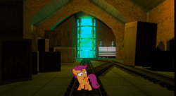 Size: 1644x894 | Tagged: safe, anonymous artist, artist:frownfactory, derpibooru import, scootaloo, pegasus, pony, g4, alone, crate, female, filly, foal, glowing, reference in the description, scared, shed 17, shed 17 (location), solo, spread wings, tracks, uh oh, water tank, wings