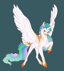 Size: 1280x1423 | Tagged: safe, artist:drniaraz, derpibooru import, princess celestia, alicorn, pony, g4, alternate design, commission, female, green background, mare, raised hoof, raised leg, serious, serious face, simple background, solo, spread wings, wings