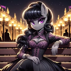 Size: 1020x1017 | Tagged: safe, ai content, derpibooru import, generator:dall-e 3, machine learning generated, octavia melody, anthro, human, g4, bench, breasts, cleavage, clothes, corset, curly hair, dress, flag, lamp, lidded eyes, night, palace, sitting, smiling, stars, tattoo