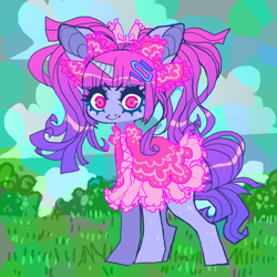 Size: 850x850 | Tagged: safe, artist:cutesykill, derpibooru import, oc, oc only, unicorn, barette, big ears, bow, closed mouth, clothes, colored horn, dress, ears, female, freckles, gradient mane, gradient tail, grass, hair bow, hairclip, horn, leg freckles, looking at you, magenta eyes, mare, pigtails, smiling, solo, standing, tail, unicorn oc
