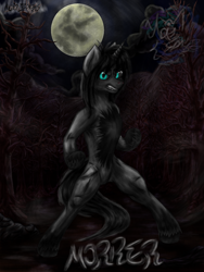 Size: 900x1200 | Tagged: safe, artist:aldairsparkle, derpibooru import, oc, oc:morrer, pony, unicorn, spoiler:comic, angry, background, bipedal, chest fluff, dark skin, darkness, dryad, forest, moon, mountain, nature, pose, serious, solo, tree