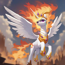 Size: 1280x1280 | Tagged: safe, ai content, derpibooru import, generator:pony diffusion v6 xl, generator:purplesmart.ai, generator:stable diffusion, machine learning generated, nightmare star, princess celestia, alicorn, pony, g4, cliff, cloud, flying, horns, jewelry, looking at you, mane of fire, necklace, nightmarified, peytral, prompter:dreaming dusk, purple eyes, regalia, sky, slit eyes, smiling, smirk, spread wings, tail, tail of fire, tiara, wings