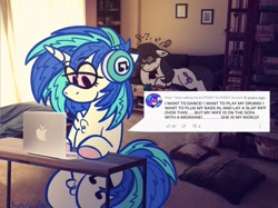 Size: 1747x1310 | Tagged: safe, artist:fluttersharpi, derpibooru import, dj pon-3, octavia melody, vinyl scratch, earth pony, pony, unicorn, g4, computer, duo, female, headache, headphones, laptop computer, lesbian, macbook, mare, migraine, misleading thumbnail, pubic fluff, real life background, scratchtavia, shipping, sofa