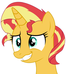 Size: 1746x1956 | Tagged: safe, artist:mint-light, artist:twilyisbestpone, derpibooru import, sunset shimmer, pony, unicorn, g4, base used, bust, cute, female, grin, mare, nervous, nervous smile, shimmerbetes, simple background, smiling, solo, transparent background