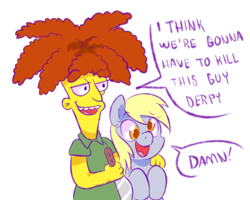 Size: 1250x1000 | Tagged: safe, artist:paperbagpony, derpibooru import, derpy hooves, pegasus, pony, crossover, dialogue, duo, female, i think we're gonna have to kill this guy, knife, male, meme, sideshow bob, simple background, the simpsons, white background