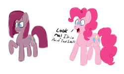 Size: 2500x1500 | Tagged: safe, artist:bazza, derpibooru import, pinkie pie, earth pony, pony, badly drawn, balancing, breaking the fourth wall, duality, fourth wall, happy, no shading, open mouth, paint tool sai, pinkamena diane pie, pinkie being pinkie, pinkie pie is not amused, raised hoof, raised leg, sad, self paradox, self ponidox, side by side, simple background, smiling, speech, speech bubble, talking, unamused, void, white background, wide eyes
