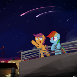 Size: 3000x3000 | Tagged: safe, artist:widelake, derpibooru import, rainbow dash, scootaloo, pegasus, pony, bipedal, female, filly, foal, high res, looking up, mare, night, open mouth, open smile, rooftop, shooting star, siblings, sisters, smiling, stars, sunset