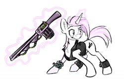 Size: 1498x964 | Tagged: safe, artist:messysketch, derpibooru import, oc, oc only, oc:rusty nails, pony, unicorn, fallout equestria, fallout equestria oc, gun, simple background, solo, weapon, white background