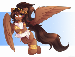 Size: 4000x3066 | Tagged: safe, artist:madelinne, derpibooru import, oc, oc only, pegasus, anklet, female, flying, jewelry, lidded eyes, long hair, looking at you, mare, pegasus oc, pillow, smiling, solo, spread wings, wings, wreath